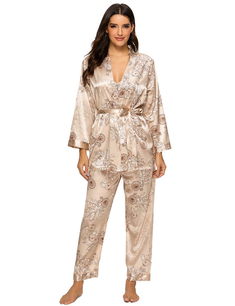 Escalier Women's Silk Satin Pajamas Set 3 Pcs Floral Silky Pj Sets Sleepwear Cami Nightwear with Robe and Pants Camel S - Image 1